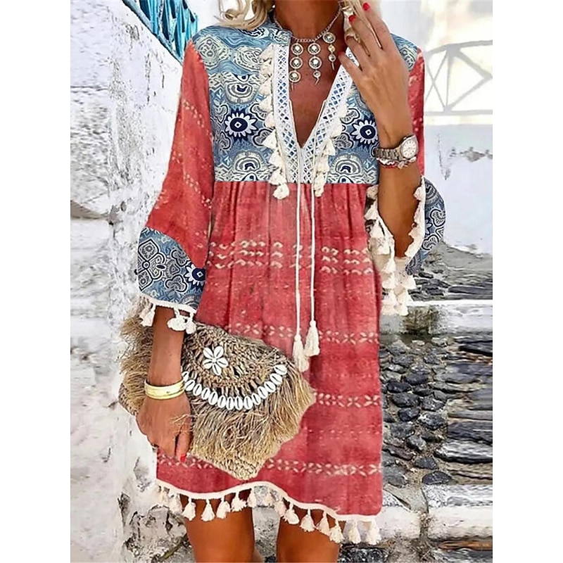 Women's Mini Dress Petite Dress Casual Dress Long Sleeve Boho Dress Summer Dress Boho Dress Bohemia Ethnic Vacation Holiday Loose Fit Floral Geometric Color Block Split Neck White Red Navy Blue