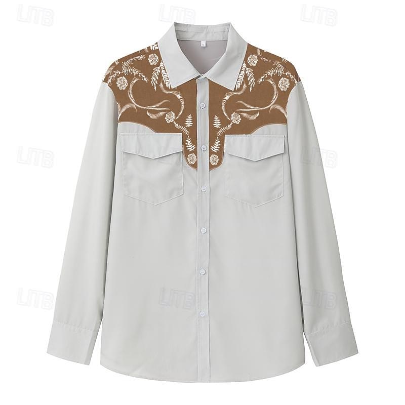 Men's Cowboy Western Shirt Button Up Shirt Cowboy Shirt Long Sleeve Vintage Western Style Outdoor Street Casual Daily Fall & Winter 3D Print Front Pocket Black Blue Brown khaki2