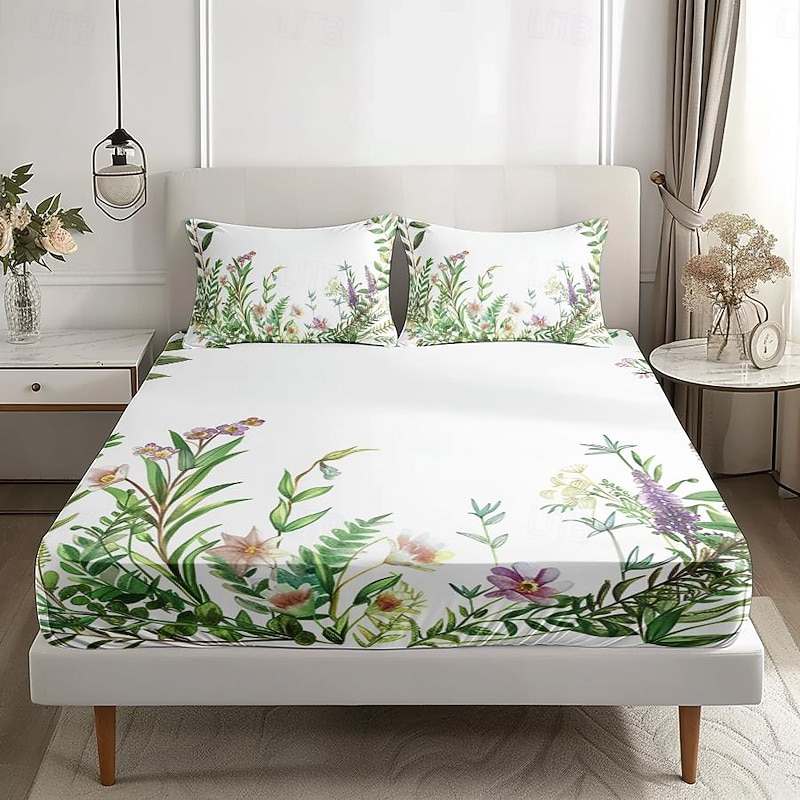Floral Spring Pattern Fitted Sheet Set Ultra Soft Breathable Silky Bed Sheets Deep Pocket 100% Cotton Bedding Sheets 3 Piece Queen King Size