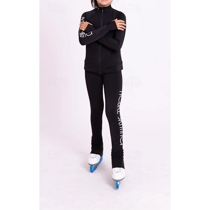 Figure Skating Fleece Jacket Figure Skating Pants Figure Skating Jacket with Pants Women's Girls' Ice Skating Jacket Tights Outfits Black Black White Sky Blue White Patchwork Thumbhole Spandex