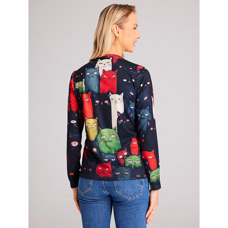 Women's T shirt Long Sleeve Crew Neck Long Sleeve Tunic Cat Print Regular Tops Round Neck Daily Weekend Black Yellow Orange Spring & Fall Prefall2