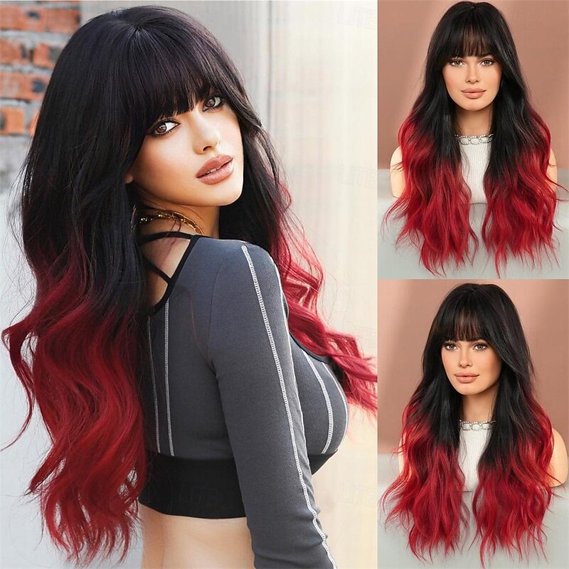 Long Wavy Wigs with Bangs 25in Black Ombre Red Synthetic Wig Heart Resiatant Wigs for Women Daily Party Cosplay Used