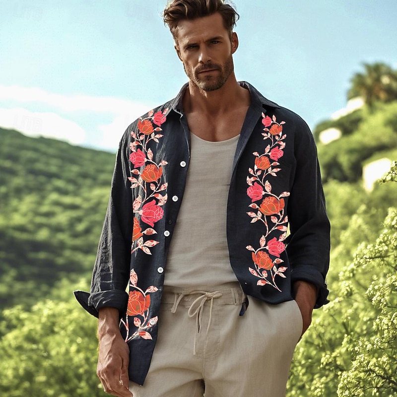 Men's Floral Floral Print Tropical Flowers Summer Hawaiian Shirt Aloha Shirt Printed Shirts Long Sleeve Shirt Turndown Resort Vacation Street Horse Race Black White Green S M L4