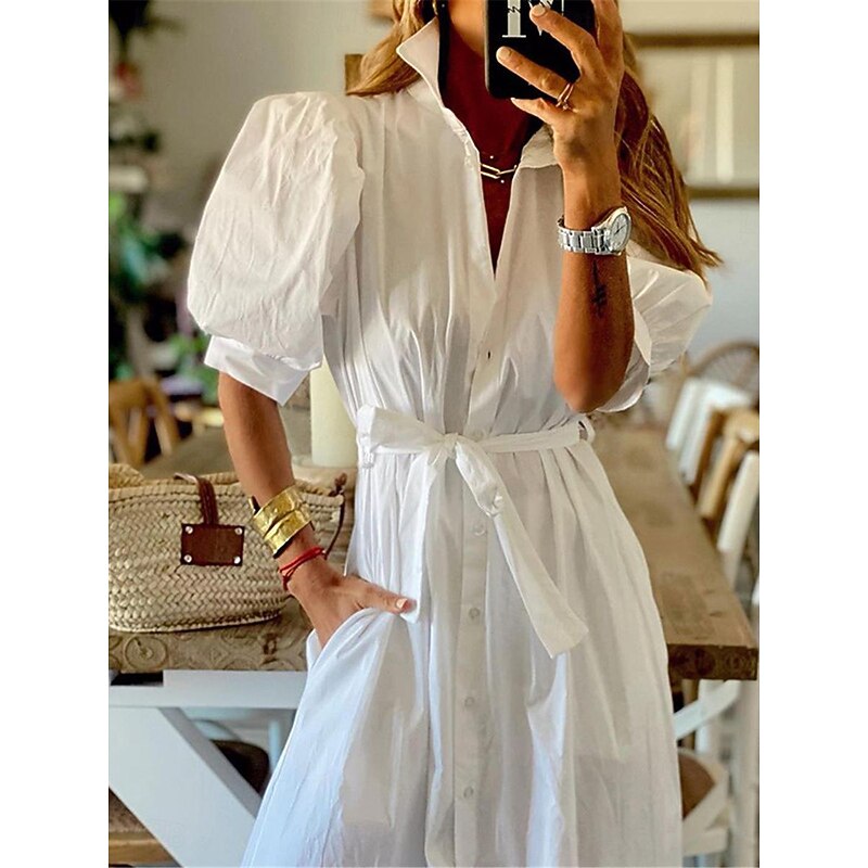 Women's White Dress Shirt Dress Maxi long Dress Office Business Date Basic Formal Shirt Collar Pocket Belted Half Sleeve Summer Spring3