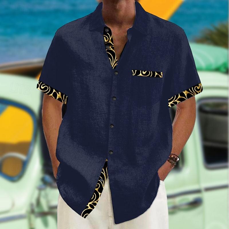 Men's Solid Color Button Up Shirt Printed Shirts Short Sleeve Hawaiian Resort Outdoor Vacation Holiday Summer Turndown Pocket Print Button-Down Black Navy Blue3