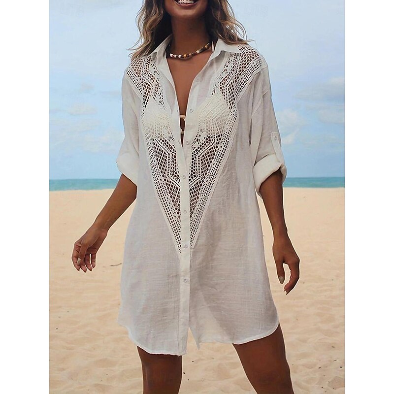 Women's Mini Dress Linen-Inspired Dresses White Dress Shirt Dress Cover Up Hawaiian Vacation Holiday Beach Loose Fit Long Sleeve Shirt Collar Black White Summer