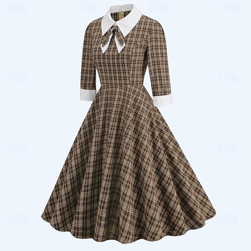 Retro Vintage 1950s Rockabilly Midi Dress Swing Dress Flare Dress Plaid Checkered Fancy Dress Women's Masquerade Masquerade Date Bachelorette Party Adults' Dress Homecoming Dresses Fall & Winter2