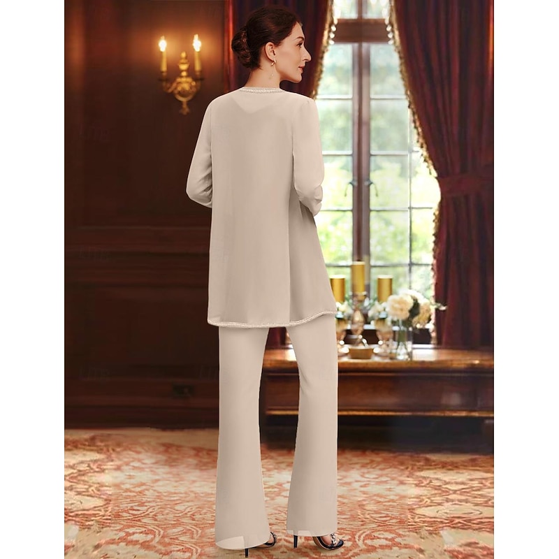 Beach Wedding Pantsuit 3 Piece Mother of the Bride  Formal Wedding Guest Elegant V Neck Floor Length Chiffon Lace Long Sleeve Jacket es with Appliques2