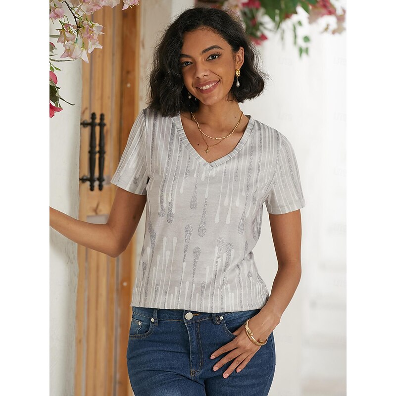Women's T Shirt Striped Basic Classic Print Short Sleeve V Neck Regular Tops Casual Holiday Weekend Print White Gray Summer Spring4