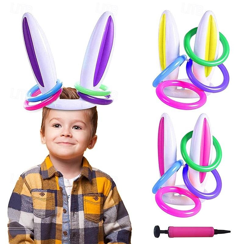 Inflatable Bunny Easter Ring Toss Game Easter Rabbit Ears Hat with Rings Funny Games Inflatable Toys Gift for Kid Family School Party Favor Indoor Outdoor