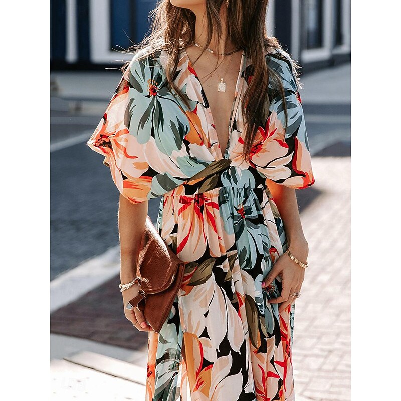 Women's Casual Dress Floral Split Print V Neck Long Dress Maxi Dress Vacation Short Sleeve Summer2