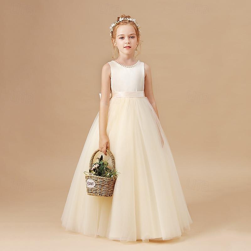 Kids Girls' Flower Girl Dress Party Dress Solid Color Sleeveless Performance Wedding Party Mesh Princess Sweet Mesh Mid-Calf Sheath Dress Tulle Dress Summer Spring Fall 2-12 Years Champagne