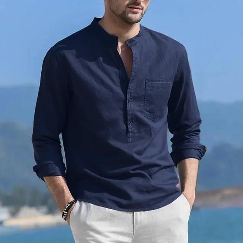 Men's Shirt Linen Shirt Cotton Linen Shirt White Cotton Shirt Chinese Collar Shirt Mandarin Collar Shirt Plain Vacation Hawaiian Black White Navy Blue Blue Long Sleeve Band Collar Spring &  Fall2