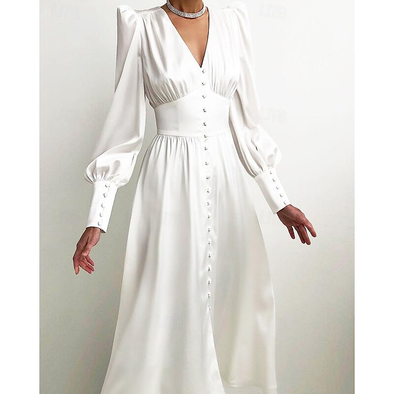 Vintage 1950s Dress Little White Dress Bridal Puff Sleeve Solid Colored A-Line V Neck Fancy Dress Women's Masquerade Wedding Bridal Shower Bachelorette Party Adults' Dress Homecoming Dresses