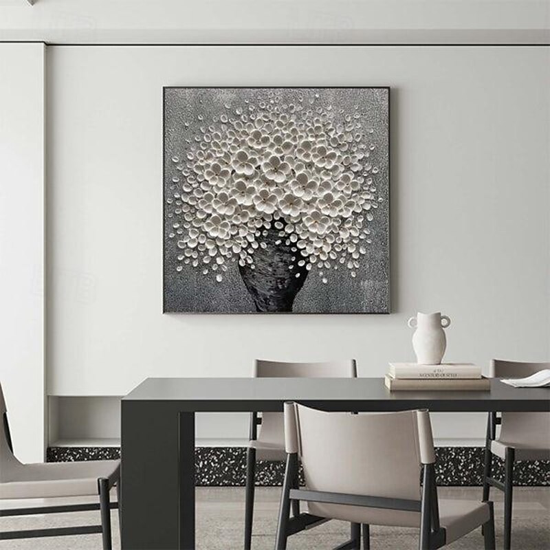 Hand Painted 3D Modern Canvas flower Painting Vase Black White Flower Blooming Floral Oil Painting for home decoration3