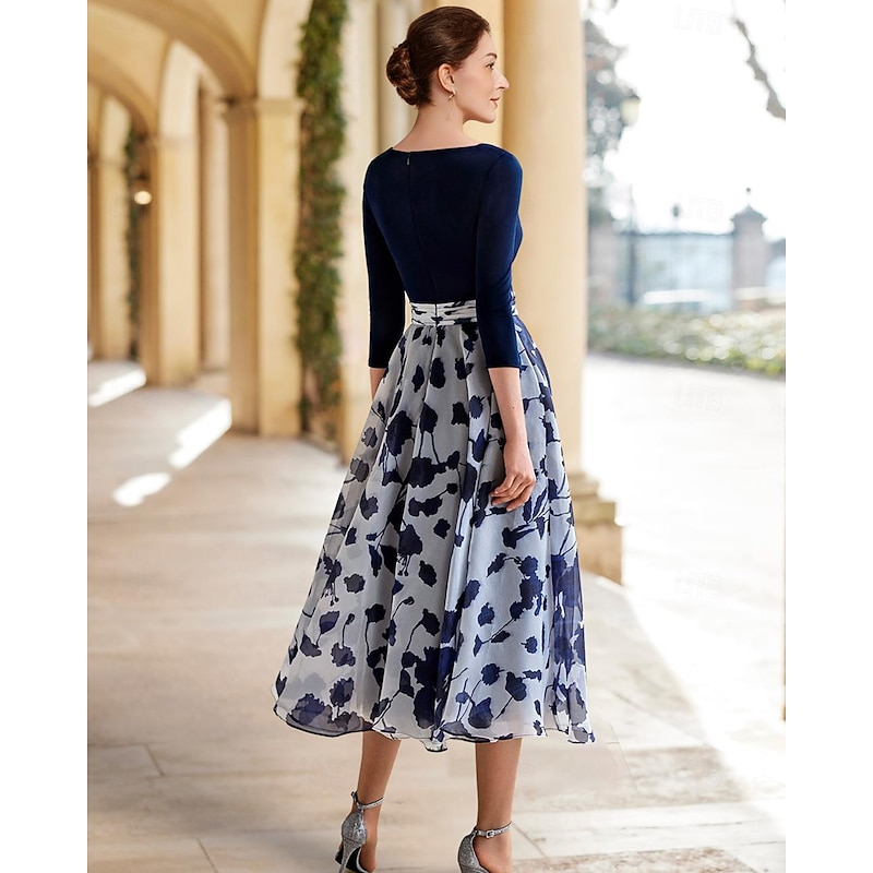 Beach Wedding A-Line Mother of the Bride Dress Formal Wedding Guest Elegant Scoop Neck V Neck Ankle Length Chiffon Sequined Stretch Fabric 3/4 Length Sleeve with Flower Wedding Guest Dress2