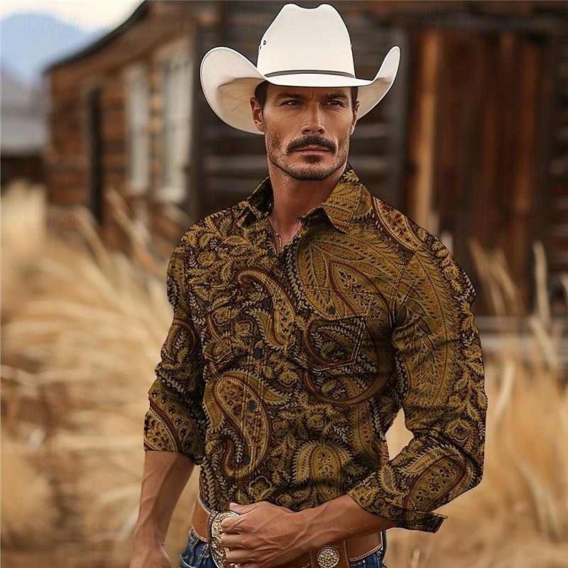 Men's Paisley Western Shirt Cowboy Shirt Long Sleeve Vintage Western Style Tribal Outdoor Vacation Horse Race Spring & Summer Turndown Print Button-Down Dark Red Black Yellow Navy Blue Royal Blue2