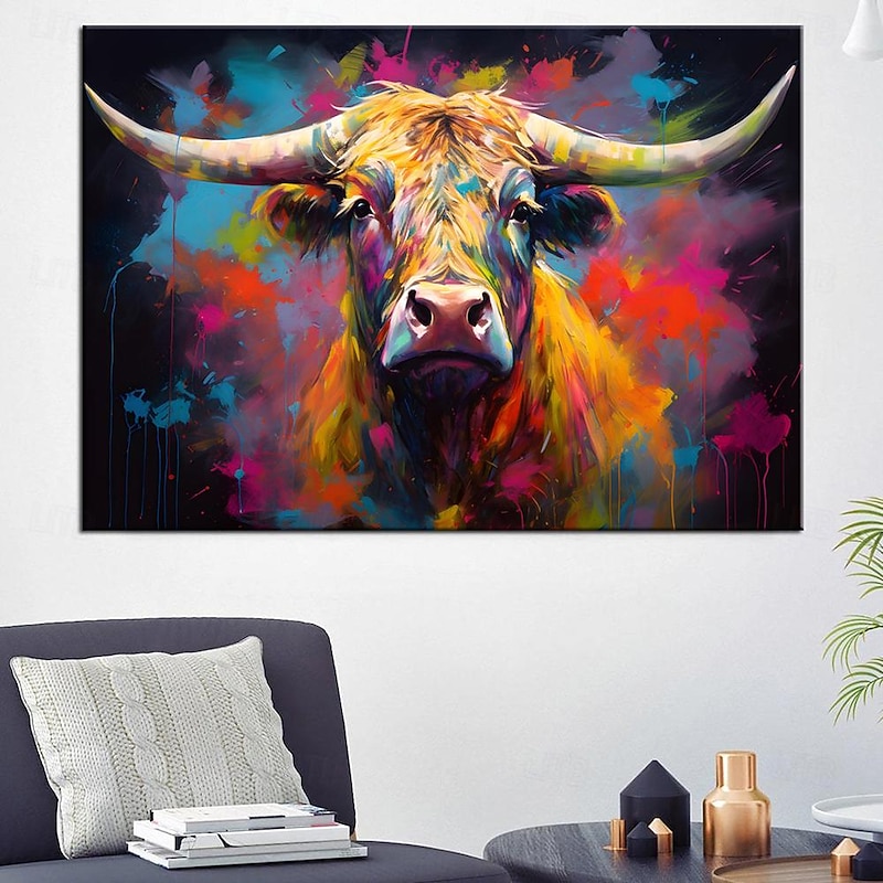Hand painted Vibrant Colorful Abstract Cow Oil Painting on Canvas hand painted Rustic Farmhouse animal oil painting Pop Art Wall Decor Bright Colors animal painting for living room bedroom home decor3