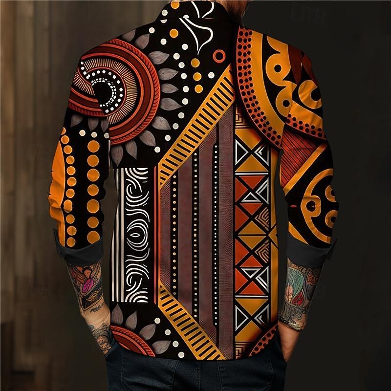 Men's Aztec Geometric Pattern Tribal Button Up Shirt Printed Shirts Long Sleeve Boho Vacation Street Horse Race Spring & Summer Turndown Print Button-Down Yellow Khaki2