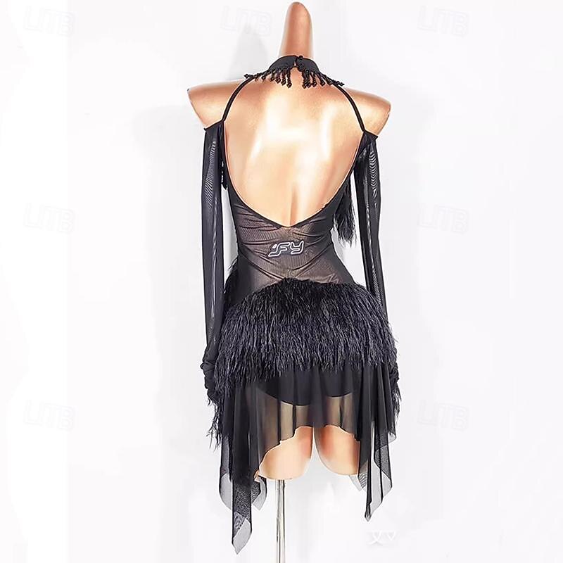 Latin Dance Dress Tassel Pure Color Splicing Women's Performance Training Long Sleeve Polyester Mesh2