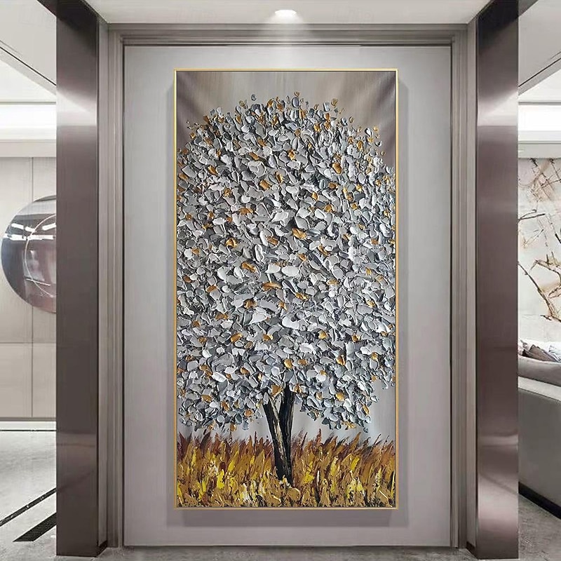 Mintura Handmade Silver Tree Landscape Oil Paintings On Canvas Wall Art Decoration Modern Abstract Gold Tree Pictures For Home Decor Rolled Frameless Unstretched Painting3