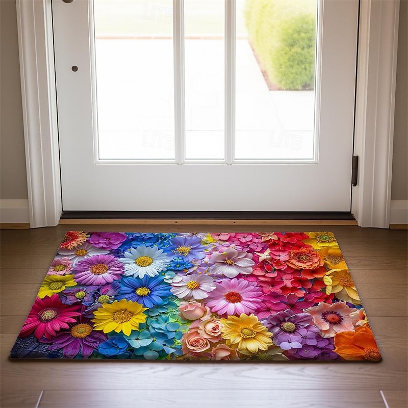 Wedding Rainbow Flowers Doormat Non-Slip Oil Proof Rug Indoor Outdoor Mat Bedroom Decor Bathroom Mat Entrance Rug Door Mat