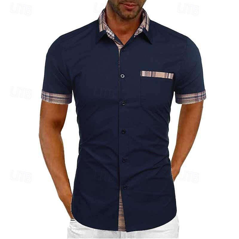 Men's Shirt Summer Shirt Casual Shirt Beach Shirt Button Up Shirt Black White Navy Blue Army Green Short Sleeve Plain Turndown Vacation Holiday Patchwork Clothing Apparel Polyester Fashion Casual4