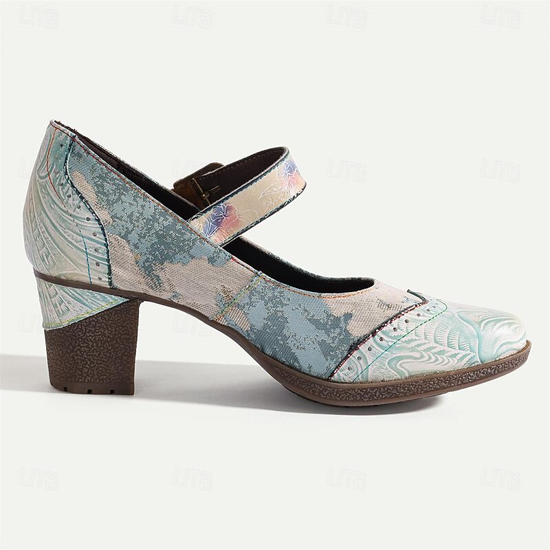 Women's Heels Pumps Handmade Shoes Vintage Gatsby Shoes Wedding Party Color Block Cone Heel Round Toe Elegant Vintage Gatsby Leather Buckle Light Blue 7