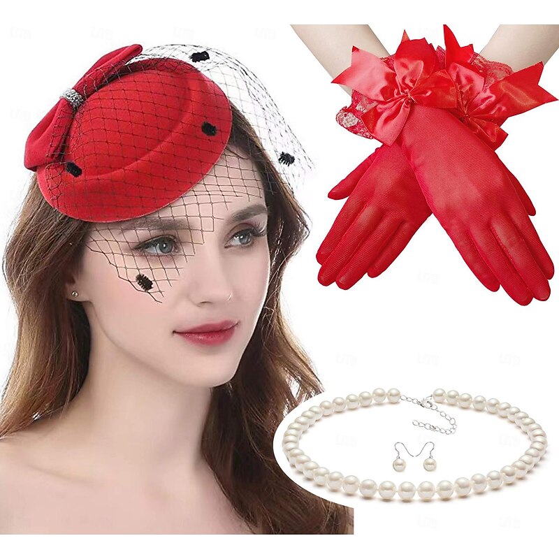 Classical Retro Vintage 1950s Outfits Pillbox Hat Fascinators Hat Bridal Fancy Dress Women's Carnival Valentine's Day Wedding Wedding Guest Party / Cocktail Gloves Necklace Headwear3