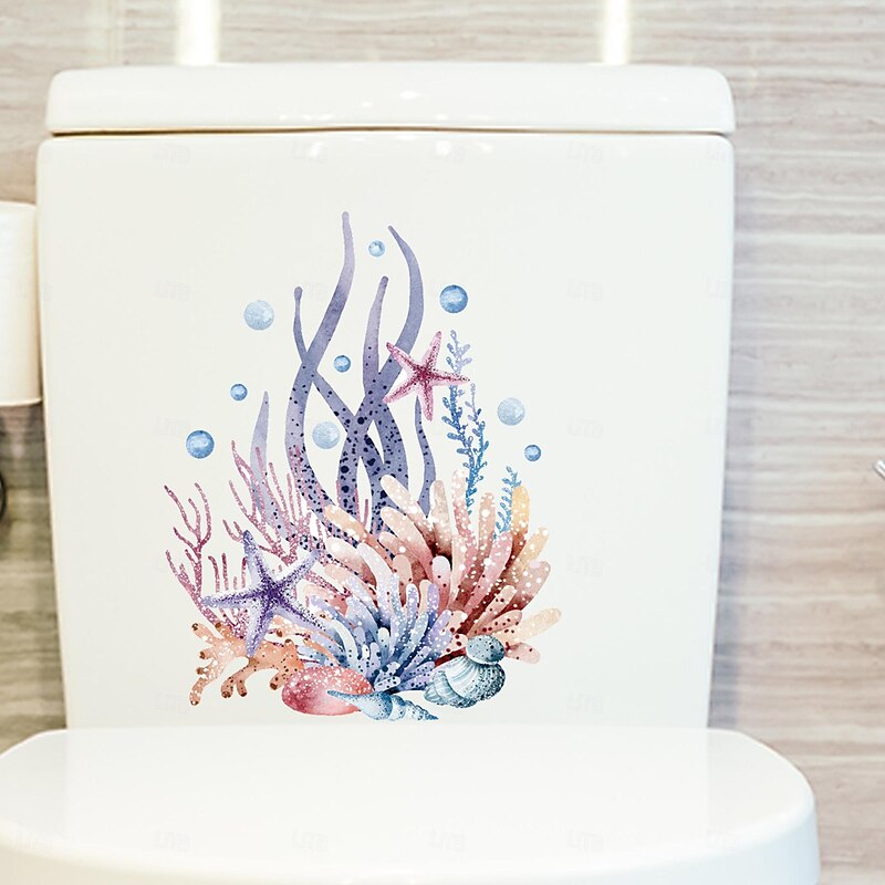 Watercolor Toilet Decals: Coral, Starfish, Seagrass, Jellyfish, Conch - Removable Bathroom Household Wall Stickers, Ideal for Adding a Beachy Vibe to Your Space2