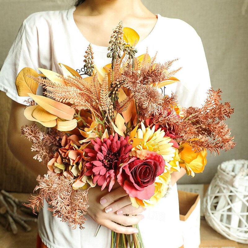 Decorative Autumn Color Bouquet Manufacturer With Simulated Flowers Artificial Flowers Green Plants Wedding Ins Style