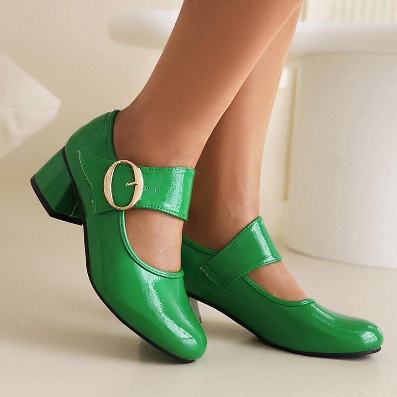 Women's Green Patent Leather Mary Jane Pumps with Gold Buckle and Block Heel, Retro Dress Shoes for Work, Parties, and Vintage-Inspired Outfits