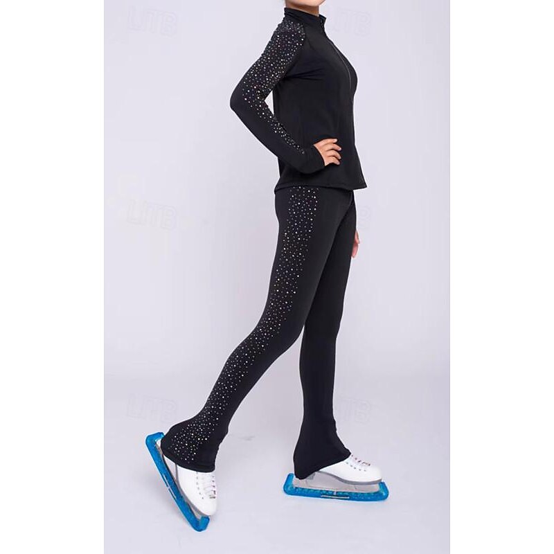 Figure Skating Fleece Jacket Figure Skating Pants Figure Skating Jacket with Pants Women's Girls' Ice Skating Jacket Tights Outfits Black Patchwork Thumbhole Spandex Stretchy Training Practice2