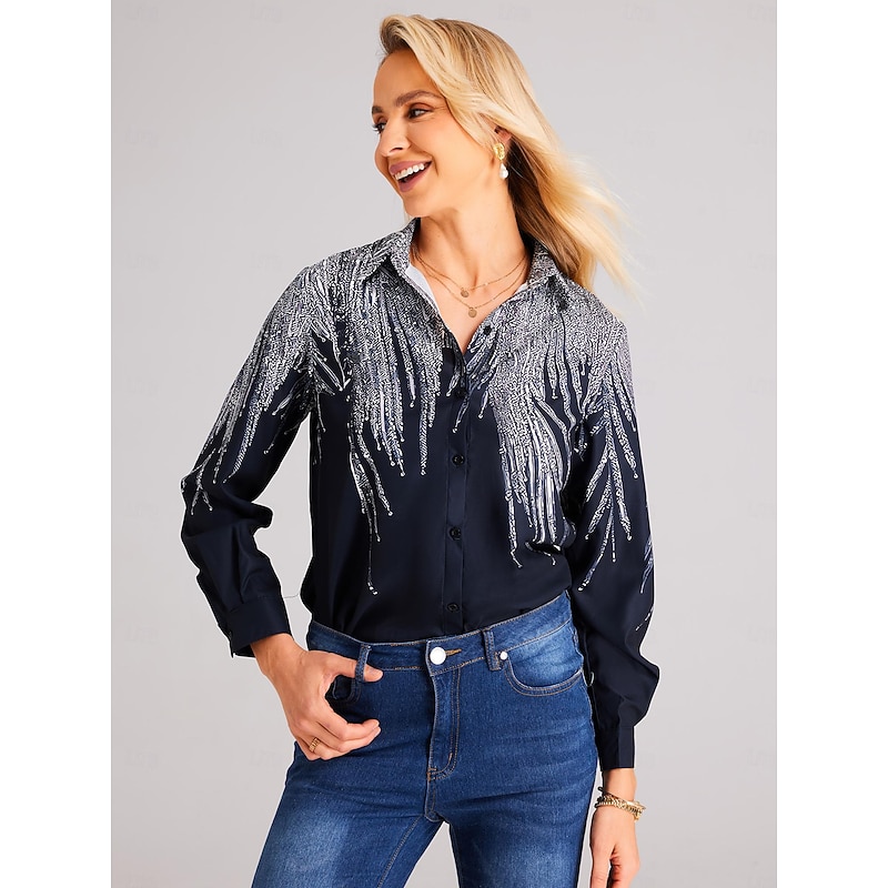 Women's Shirt Button Down Tunic Shirt Collar Long Sleeve Basic s Print Regular Tops Casual Daily Black Spring Fall4