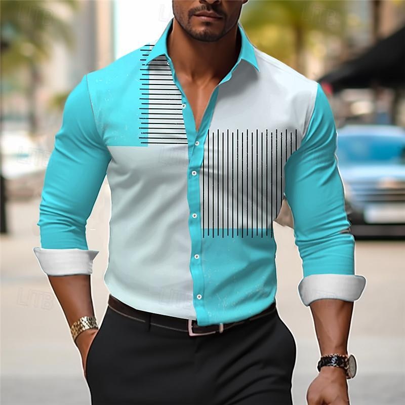 Men's Dress Shirt Printed Shirts Stripe Outdoor Wear to work Gray+Purple Iron Gray Yellow Red Long Sleeve Turndown Spring & Summer Clothing Apparel Print