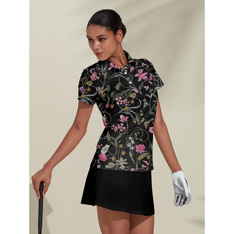 Women's Golf Polo Shirt Black Short Sleeve Top Floral Ladies Golf Attire Clothes Outfits Wear Apparel