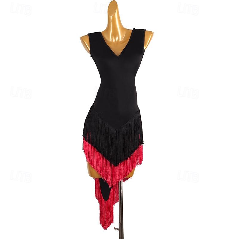 Latin Dance Dress Tassel Splicing Women's Performance Training Sleeveless Chinlon Spandex
