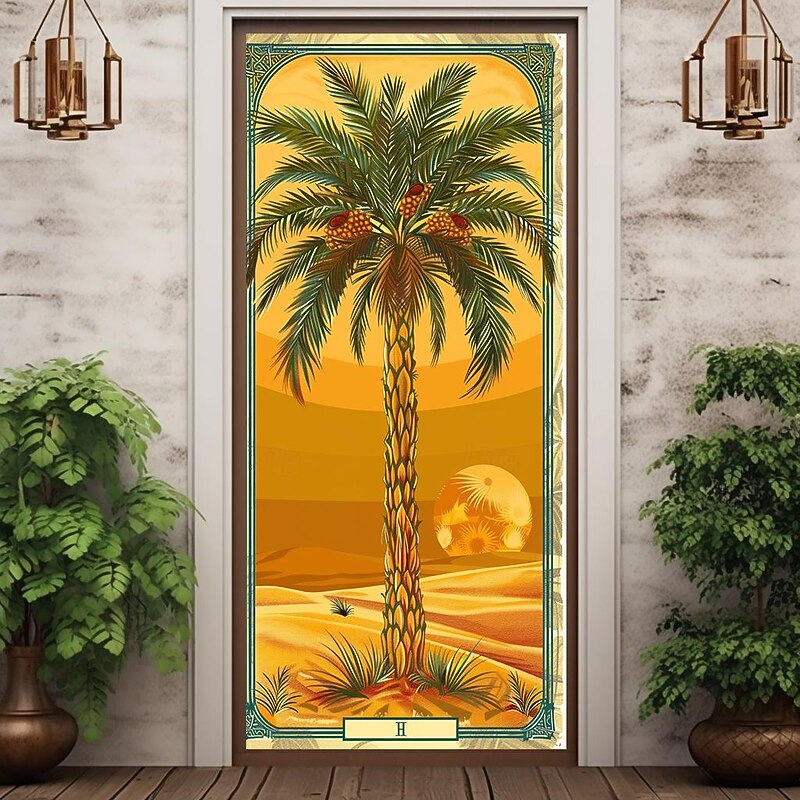 Coconut Tree Door Covers Door Tapestry Door Curtain Decoration Backdrop Door Banner for Front Door Farmhouse Holiday Party Decor Supplies