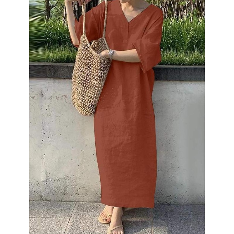 Women's Navy Blue Orange Green Summer Spring Maxi Dress Linen-Inspired Dresses Casual Dress Basic Modern Daily Weekend Loose Fit Plain V Neck4