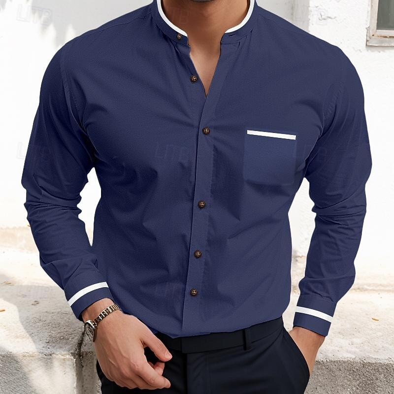 Men's Shirt Button Up Shirt Casual Shirt White Navy Blue Blue Long Sleeve Color Block Geometic Band Collar Daily Vacation Patchwork Clothing Apparel Fashion Casual Smart Casual4