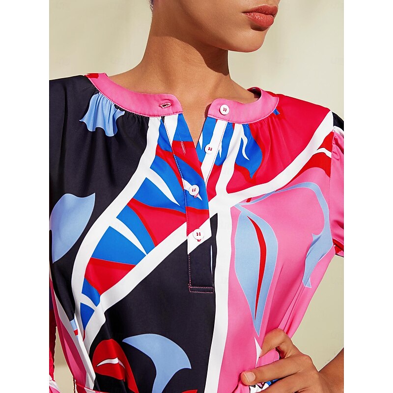 Satin Floral Block Print Round Neck Maxi Dress3