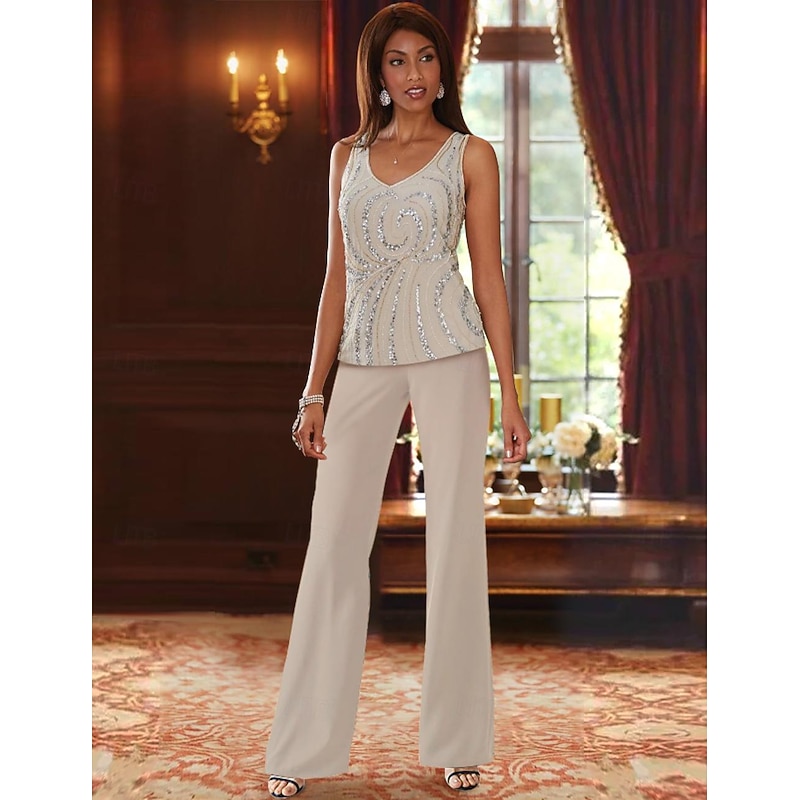 Beach Wedding Pantsuit 3 Piece Mother of the Bride  Formal Wedding Guest Elegant Luxurious V Neck Floor Length Chiffon Lace Sleeveless Wrap Included with Beading Sequin4