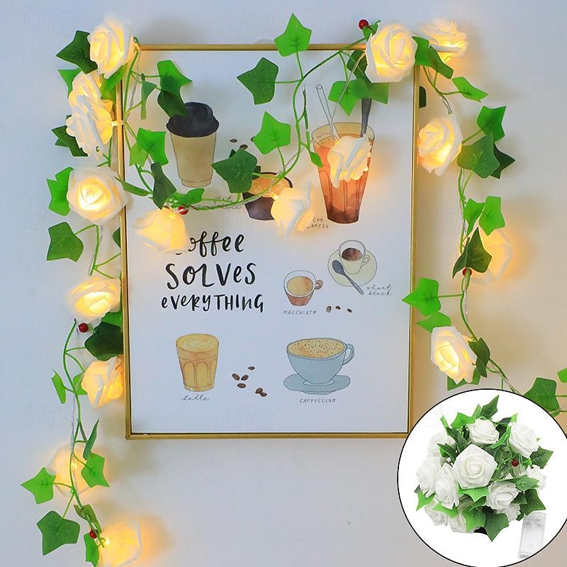 LED Rose Flower Rattan String Lights Valentines 1.5M10LED/3M20 Leaf Atmosphere String Lights For Home Bedroom Party Holiday Wedding Patio Yard Decoration Gift