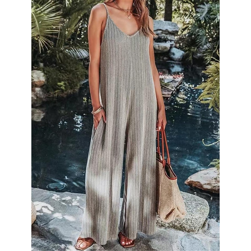 Women's Normal Jumpsuit Streetwear Solid Color Sleeveless V Neck Backless Street Daily Regular Fit Black White Wine Summer