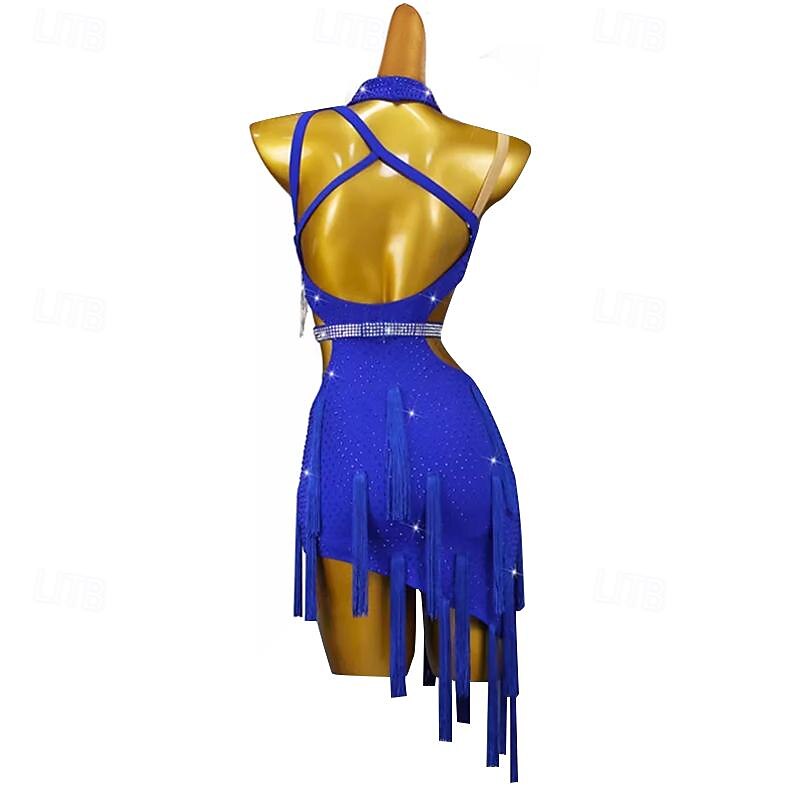 Latin Dance Dress Rhinestone Tassel Women's Performance Training Sleeveless High Spandex Tulle2