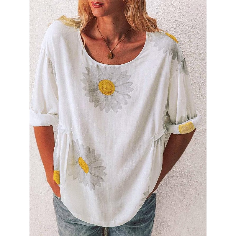 Women's Shirt Blouse Floral Fashion Long Sleeve Round Neck Regular Tops Casual Holiday Buttons Print Black White Yellow Pink Green Spring &  Fall