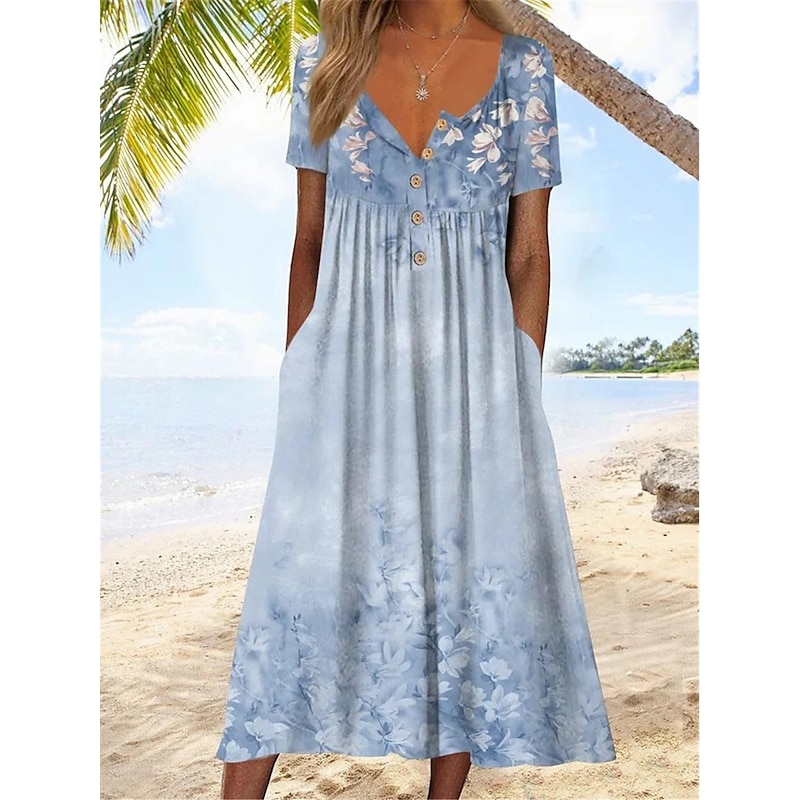 Women's Midi Dress V-Neck Floral Print Short Sleeve A-Line Comfort Blue Beach Party Spring Summer Fashion Clothing Apparel3