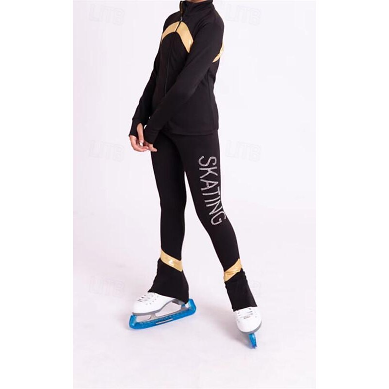 Figure Skating Fleece Jacket Figure Skating Pants Figure Skating Jacket with Pants Women's Girls' Ice Skating Jacket Tights Outfits Black Dark Blue Patchwork Thumbhole Spandex Stretchy Training2