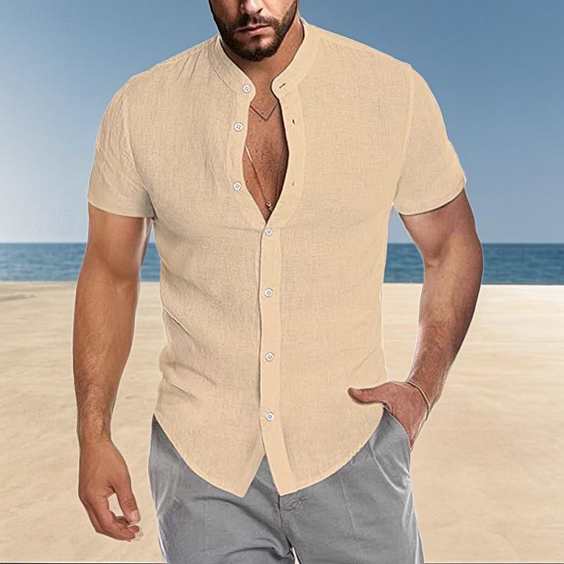 Men's Shirt Chinese Collar Shirt Mandarin Collar Shirt Summer Shirt Casual Shirt Beach Shirt Navy Blue khaki Short Sleeve Plain Grandad Collar Collar Vacation Hawaiian Clothing Apparel Polyester