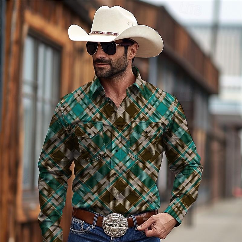 Men's Plaid / Check Western Shirt Cowboy Shirt Long Sleeve Vintage Western Style Tribal Outdoor Vacation Horse Race Spring & Summer Turndown Print Button-Down Red Blue Green4